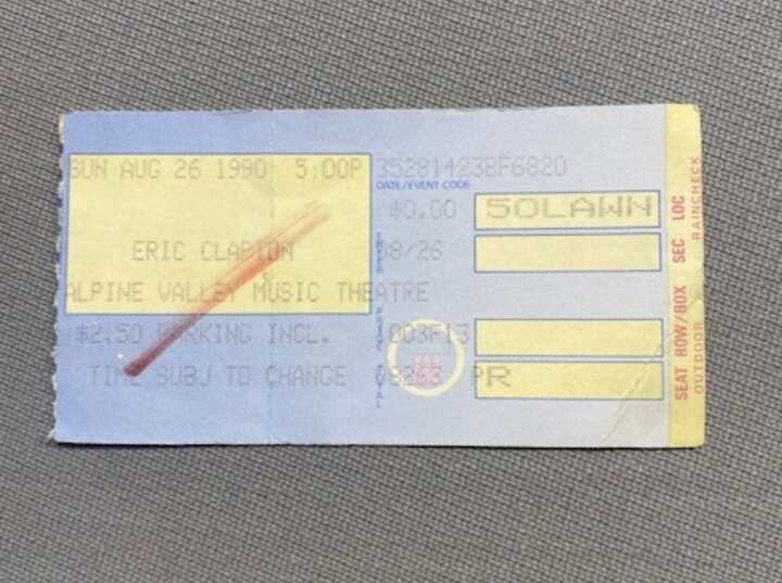Eric Clapton lawn ticket from Alpine Valley Music Theatre dated August 26, 1990, the night of Stevie Ray Vaughan's final performance